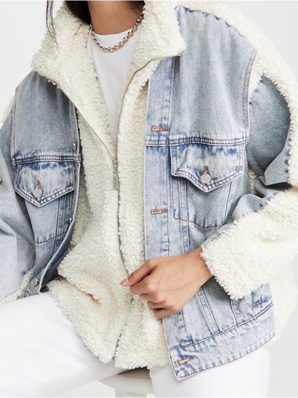 Blank NYC Light Blue Denim Jacket with Cream Sherpa Trim